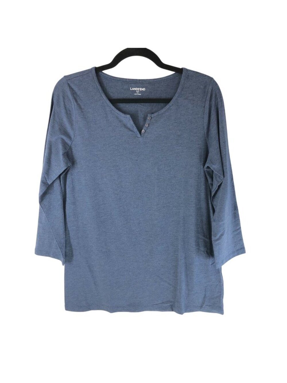 Lands End Womens Top Henley 3/4 Sleeve Split Neck Knit Stretch Blue S/T Tall